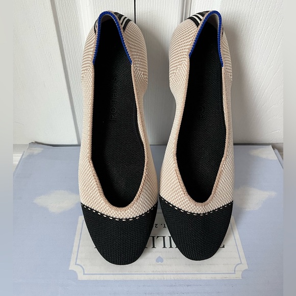 Rothy's Shoes - Rothys - “The Flat” Knit Round Toe, Two-Tone Shoes w/ Cream and Black Cap